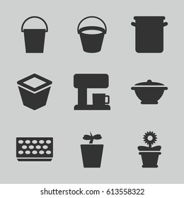 Pot icons set. set of 9 pot filled icons such as bucket, pan