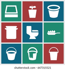 Pot icons set. set of 9 pot filled icons such as bucket, toilet, pan