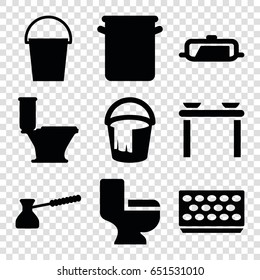Pot icons set. set of 9 pot filled icons such as pan, bucket, toilet, pot for plants, turk