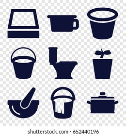 Pot icons set. set of 9 pot filled icons such as bucket, toilet