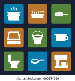 Pot icons set. set of 9 pot filled icons such as bucket, toilet, pan, pan-fry
