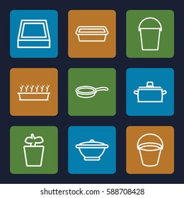 pot icons set. Set of 9 pot outline icons such as bucket