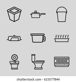 Pot icons set. set of 9 pot outline icons such as pan, toilet