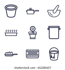 Pot icons set. set of 9 pot outline icons such as bucket, pan