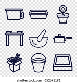 Pot icons set. set of 9 pot outline icons such as bucket, noodles fast food, pan