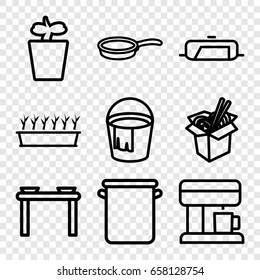 Pot icons set. set of 9 pot outline icons such as pan, bucket, noodles fast food, plant in pot, coffee machine