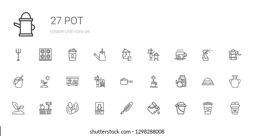 pot icons set. Collection of pot with bucket, quill, vase, seeds, tools and utensils, sprout, breakfast, coffee, pan, terracotta, terrarium, ceramic. Editable and scalable pot icons.