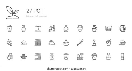 pot icons set. Collection of pot with bucket, tools and utensils, coffee, vase, dinnerware, soup, breakfast, quill, stove, crockery, pet food. Editable and scalable pot icons.