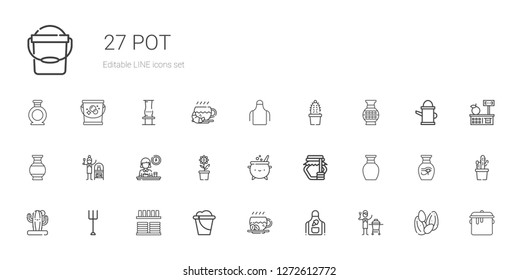pot icons set. Collection of pot with ceramic, apron, coffee, bucket, crockery, garden, cactus, vase, honey, cauldron, breakfast, terracotta. Editable and scalable pot icons.