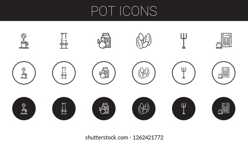 pot icons set. Collection of pot with coffee, vase, breakfast, seeds, garden. Editable and scalable pot icons.