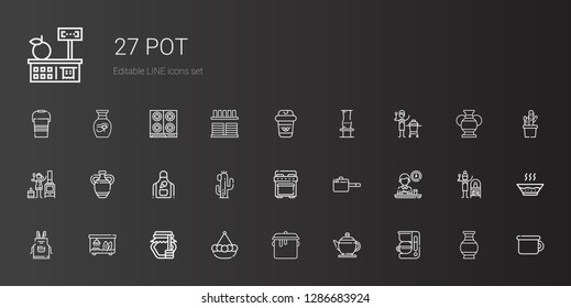 pot icons set. Collection of pot with coffee maker, teapot, honey, terrarium, apron, breakfast, pan, stove, cactus, vase, ceramic, coffee, potty. Editable and scalable pot icons.