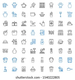 pot icons set. Collection of pot with pan, terracotta, coffee, sprout, vase, stove, honey, cactus, tools and utensils, bucket, apron, breakfast. Editable and scalable pot icons.