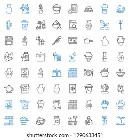 pot icons set. Collection of pot with seed, sprout, apron, tools and utensils, honey, coffee, bucket, dinnerware, vase, crockery, waffle iron. Editable and scalable pot icons.