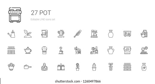 pot icons set. Collection of pot with sprout, cactus, milk jar, apron, pan, vase, stove, terracotta, coffee, bucket, teapot, crockery, coffee maker. Editable and scalable pot icons.