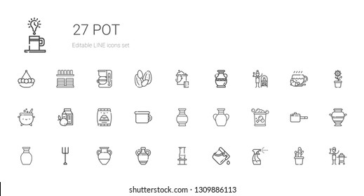 pot icons set. Collection of pot with tools and utensils, bucket, vase, garden, potty, pet food, breakfast, cauldron, terracotta, ceramic, cactus. Editable and scalable pot icons.