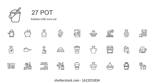 pot icons set. Collection of pot with vase, bucket, stove, dinnerware, terrarium, coffee, pet food, pan, breakfast, soup, coffee maker, ceramic. Editable and scalable pot icons.