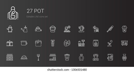 pot icons set. Collection of pot with waffle iron, vase, coffee, dinnerware, garden, pet food, tools and utensils, seeds, sprout, potty, milk jar. Editable and scalable pot icons.