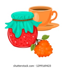 Pot of jam from the berries and rowan branch. A cup of tea. Russian cuisine breakfast. Vector isolated objects.