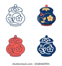 Pot with Khokhloma ornament icon set in flat and line style. Traditional Russian pattern. Vector illustration.