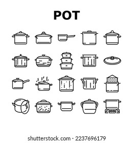 pot kitchen food pan cooking icons set vector. cook soup, saucepan lid, steel chef, kitchenware metal, stove utensil, stainless pot kitchen food pan cooking black contour illustrations