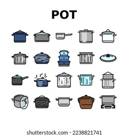 pot kitchen food pan cooking icons set vector. cook soup, saucepan lid, steel chef, kitchenware metal, stove utensil, stainless pot kitchen food pan cooking color line illustrations