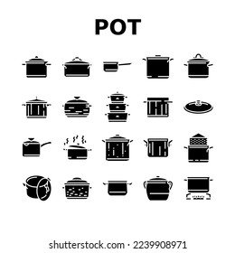 pot kitchen food pan cooking icons set vector. cook soup, saucepan lid, steel chef, kitchenware metal, stove utensil, stainless pot kitchen food pan cooking glyph pictogram Illustrations