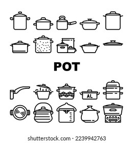 pot kitchen food pan cooking icons set vector. cook soup, saucepan lid, steel chef, kitchenware metal, stove utensil, stainless pot kitchen food pan cooking black contour illustrations