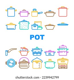 pot kitchen food pan cooking icons set vector. cook soup, saucepan lid, steel chef, kitchenware metal, stove utensil, stainless pot kitchen food pan cooking color line illustrations