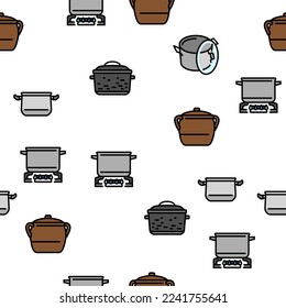 pot kitchen food pan cooking vector seamless pattern thin line illustration