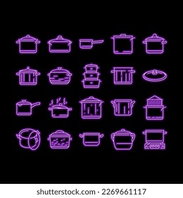 pot kitchen food pan cooking neon light sign vector. cook soup, saucepan lid, steel chef, kitchenware metal, stove utensil, stainless pot kitchen food pan cooking Illustrations