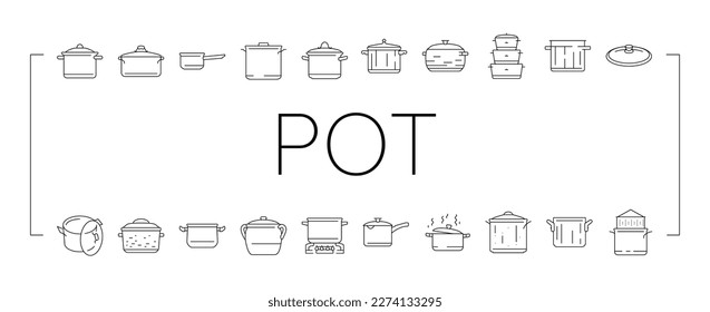 pot kitchen food pan cooking icons set vector. cook soup, saucepan lid, steel chef, kitchenware metal, stove utensil, stainless pot kitchen food pan cooking black contour illustrations