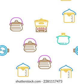 pot kitchen food pan cooking vector seamless pattern thin line illustration