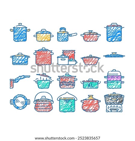 pot kitchen food pan cooking doodle icons set vector. sketch line art cook soup, saucepan lid, steel chef, kitchenware metal, stove utensil, stainless pot kitchen food pan cooking color illustrations
