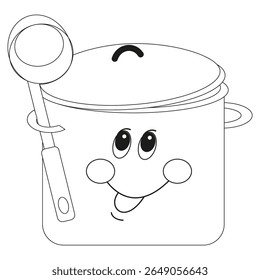 Pot with ladle. Smiling kitchen pan. Cartoon cookware face. Vector utensil image.