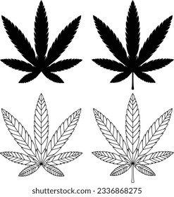 Pot leaf vector illustration. Marijuana leaf silhouette and line art drawing. hemp plant With and without stem. Weed leaf.