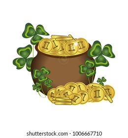Pot of leprechaun with gold coins. Thickets of clover. St.Patrick 's Day. Vector object, isolated on white background.