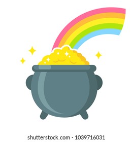 Pot Of Leprechaun Gold At The End Of Rainbow. Traditional St. Patricks Day Symbol, Isolated Clip Art Illustration. Flat Cartoon Vector Style.