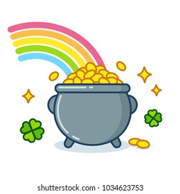 Pot of leprechaun gold under rainbow with golden coins and shamrock leaves. Traditional St. Patricks day symbol, isolated vector illustration. Flat line icon style.