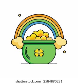 Pot of leprechaun gold under rainbow with golden coins and shamrock leaves. Traditional St. Patricks day symbol,  Flat line icon style. Vector illustration on a white background