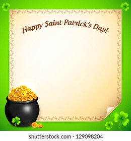 Pot of leprechauns gold with lucky clovers greeting card