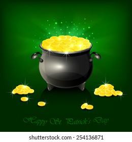 Pot with leprechauns golden coins on shiny green background, illustration.