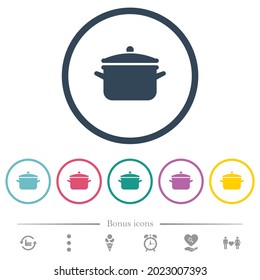 Pot with lid flat color icons in round outlines. 6 bonus icons included.