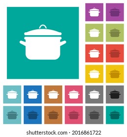 Pot with lid multi colored flat icons on plain square backgrounds. Included white and darker icon variations for hover or active effects.