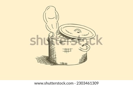 Pot with the lid off, steam rises from the pot, hand drawn sketch vector illustration.