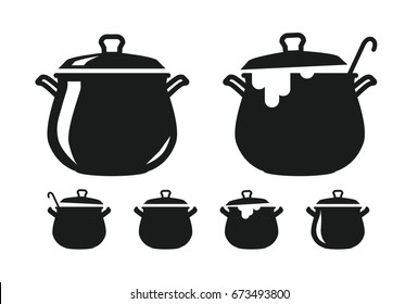 Pot with lid, pan of soup silhouette. Cooking, cuisine, cookery, culinary art, kitchen icon or logo. Vector illustration