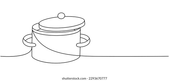 Pot with lid, pot, saucepan one line continuous drawing. Kitchen tools continuous one line illustration. Vector minimalist linear illustration.