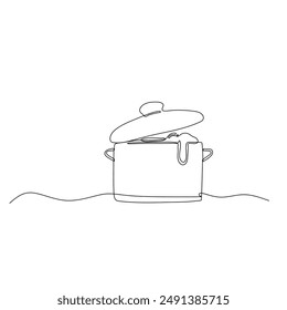 A pot with its lid slightly ajar and an overflow of food out of it. continuous line drawing for cooking in the kitchen minimalist art style drawing. 