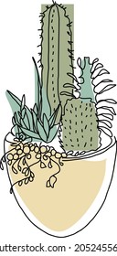 Сactus In A Pot Line Art Vector