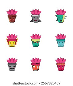 Pot and Lotus Flower Cartoon with Cute Emoticon Set for Design Element or Sticker