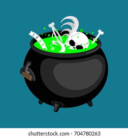 Pot with magical potion and bones and skull. Witch accessory. Halloween illustration.
